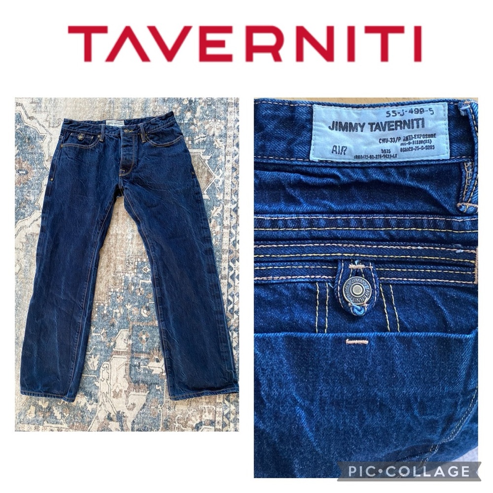 Jimmy Taverniti Denim Jeans. Distressed Wash, Button Fly Anti-Exposure. Size 34.